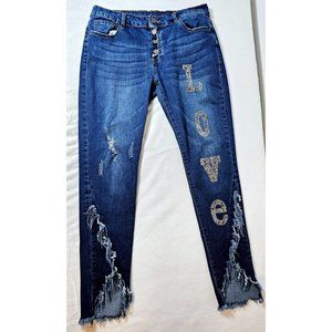 Women's LOVE Embellished Medium Wash Distressed Jeans - Size Large